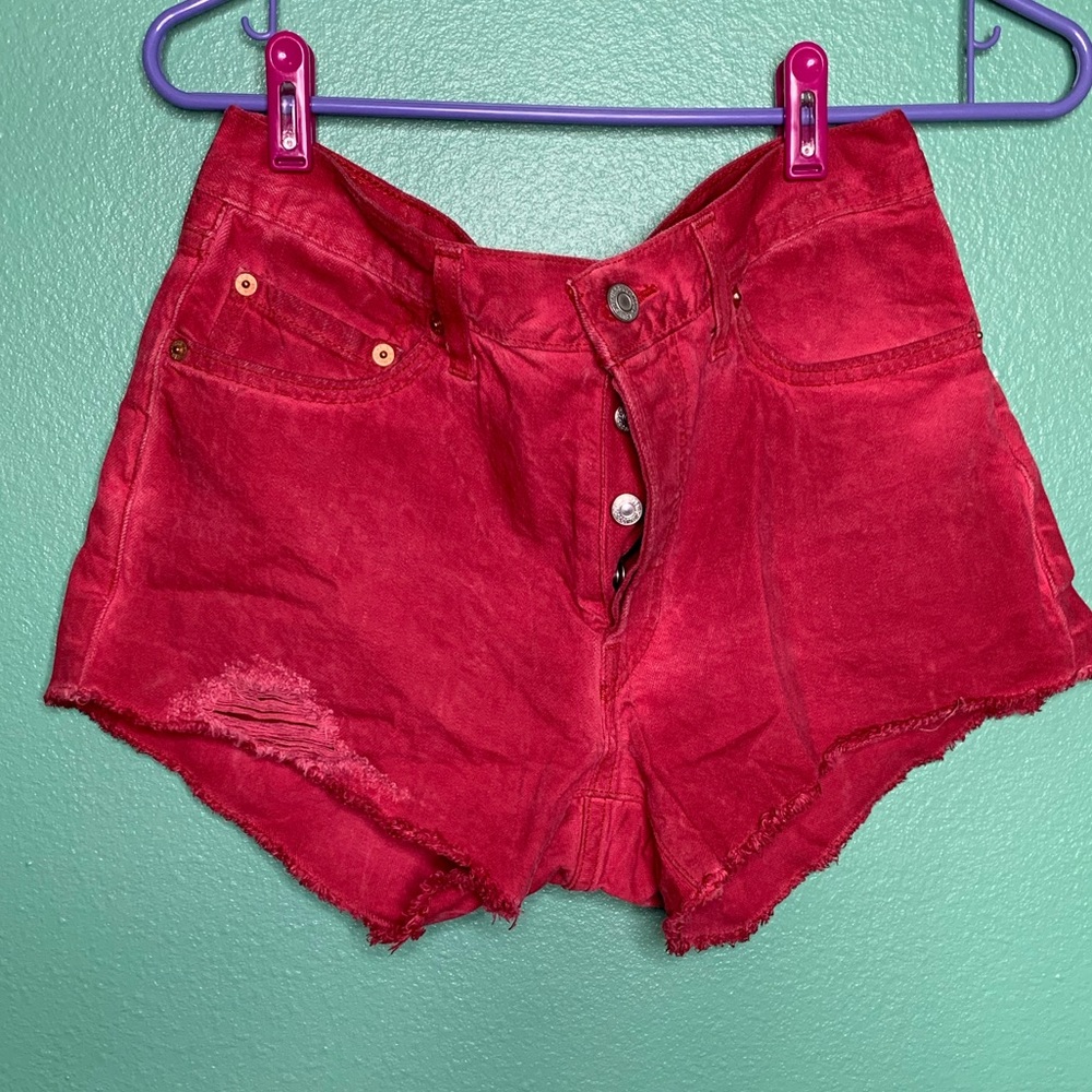 Levi 501 Red Button down cut off shorts